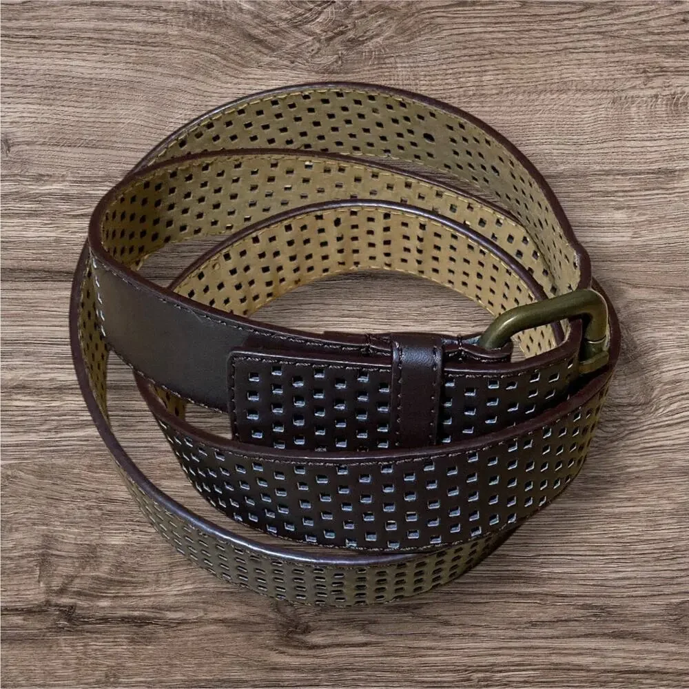 Brown‎ Multi Punched Holes Brown Leather Belt Length 52 In Modern Casual Preppy